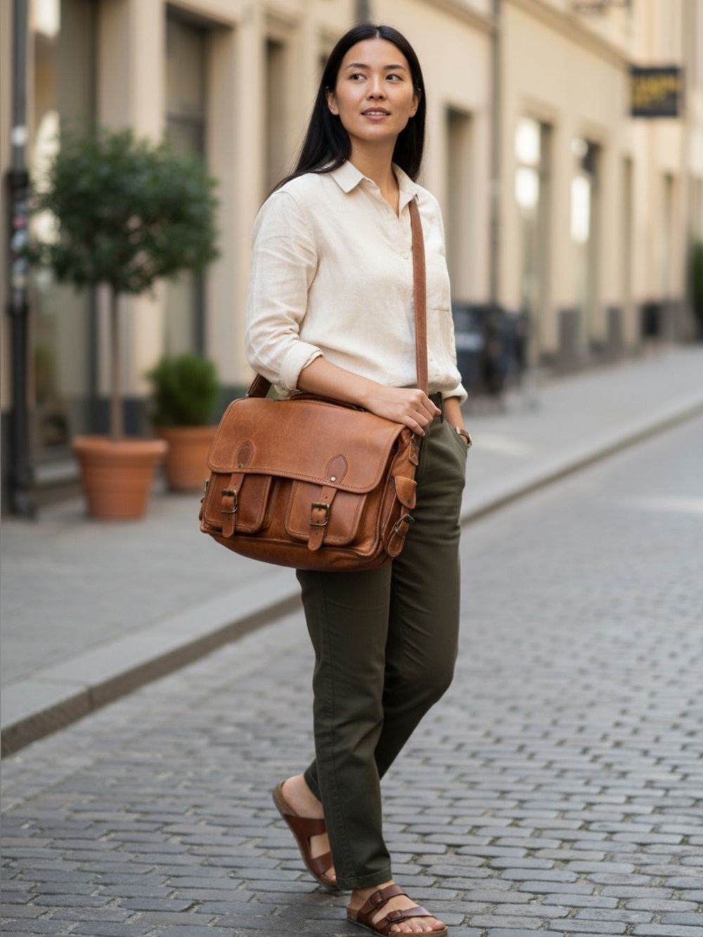 Vintage-Style Brown Leather Messenger Bag with Adjustable Strap